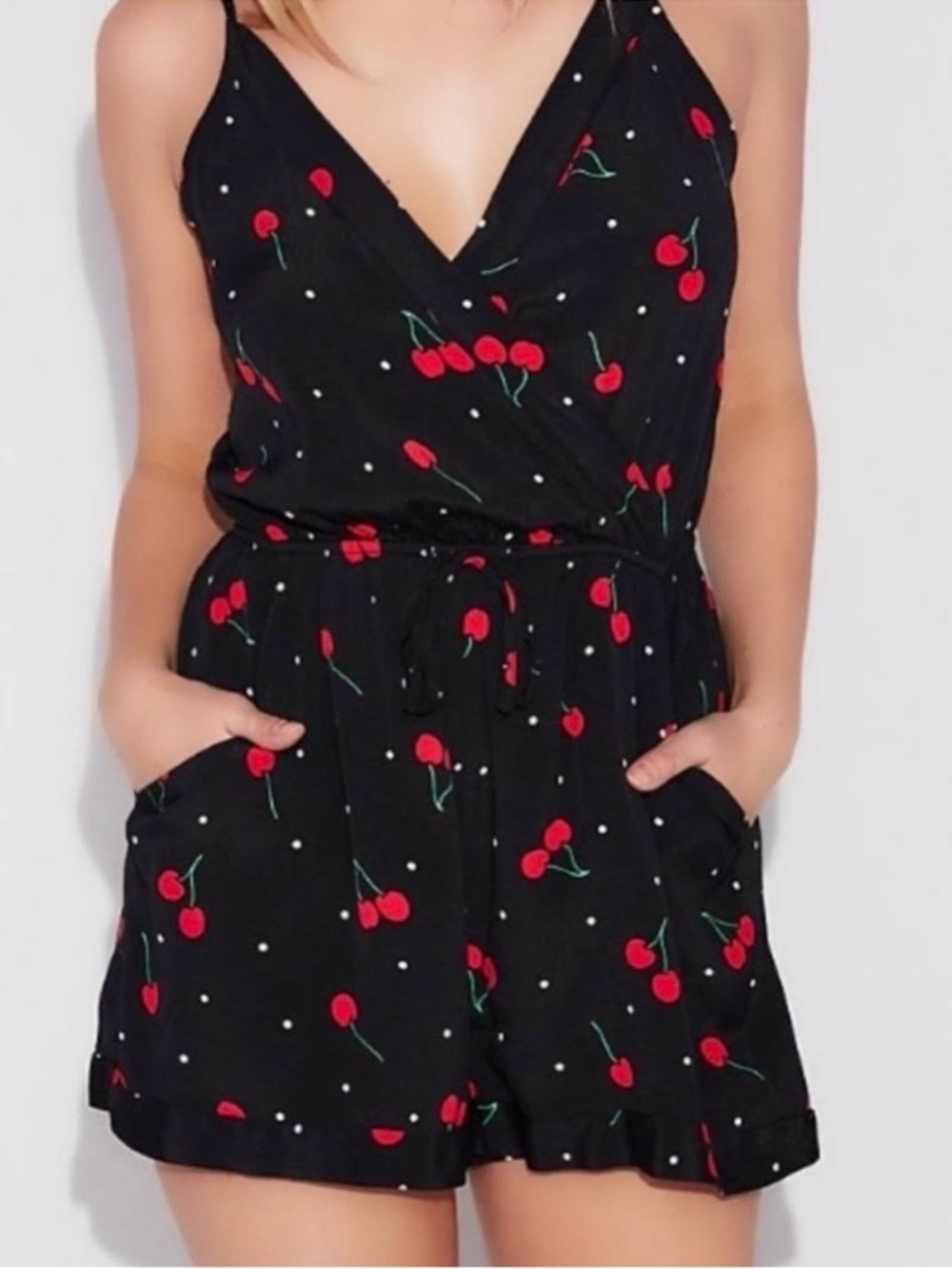 Express V-Neck Spaghetti Strap Romper- Black Cherry Polka Dot | S